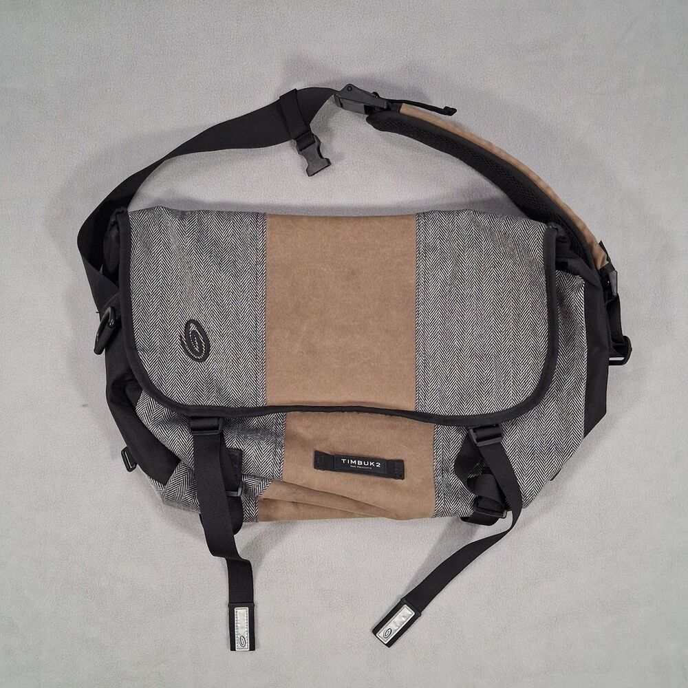 Timbuk2 Classic Messenger Bag Herringbone Gray Tan Crossbody Commuter Bag